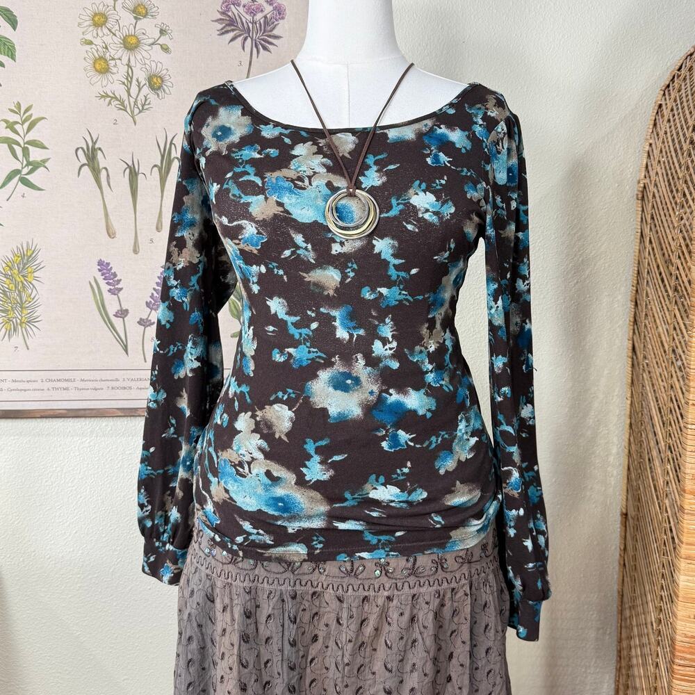 Y2k Brown Blue Floral Long Sleeve Top Fairy Grunge Forest Boho Whimsigoth M L